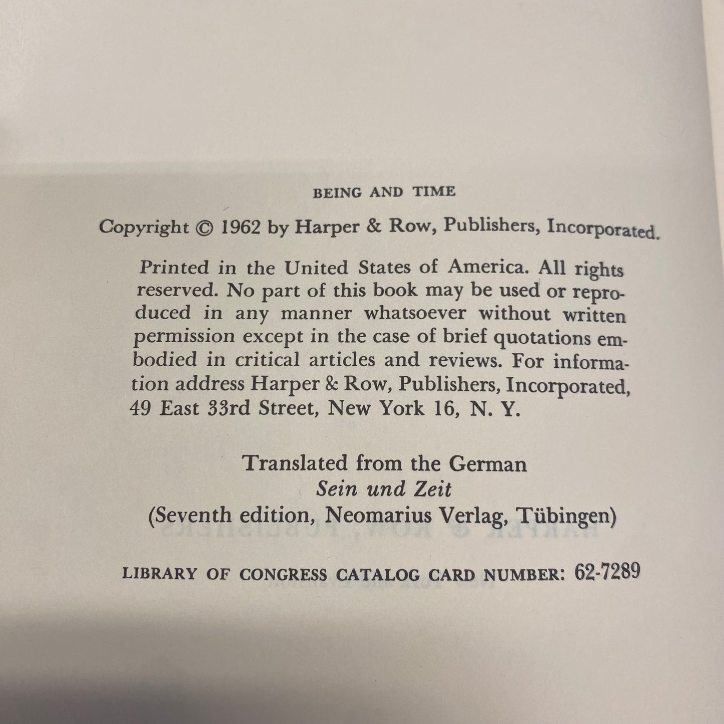Being and Time - Martin Heidegger - Early Print - 1962