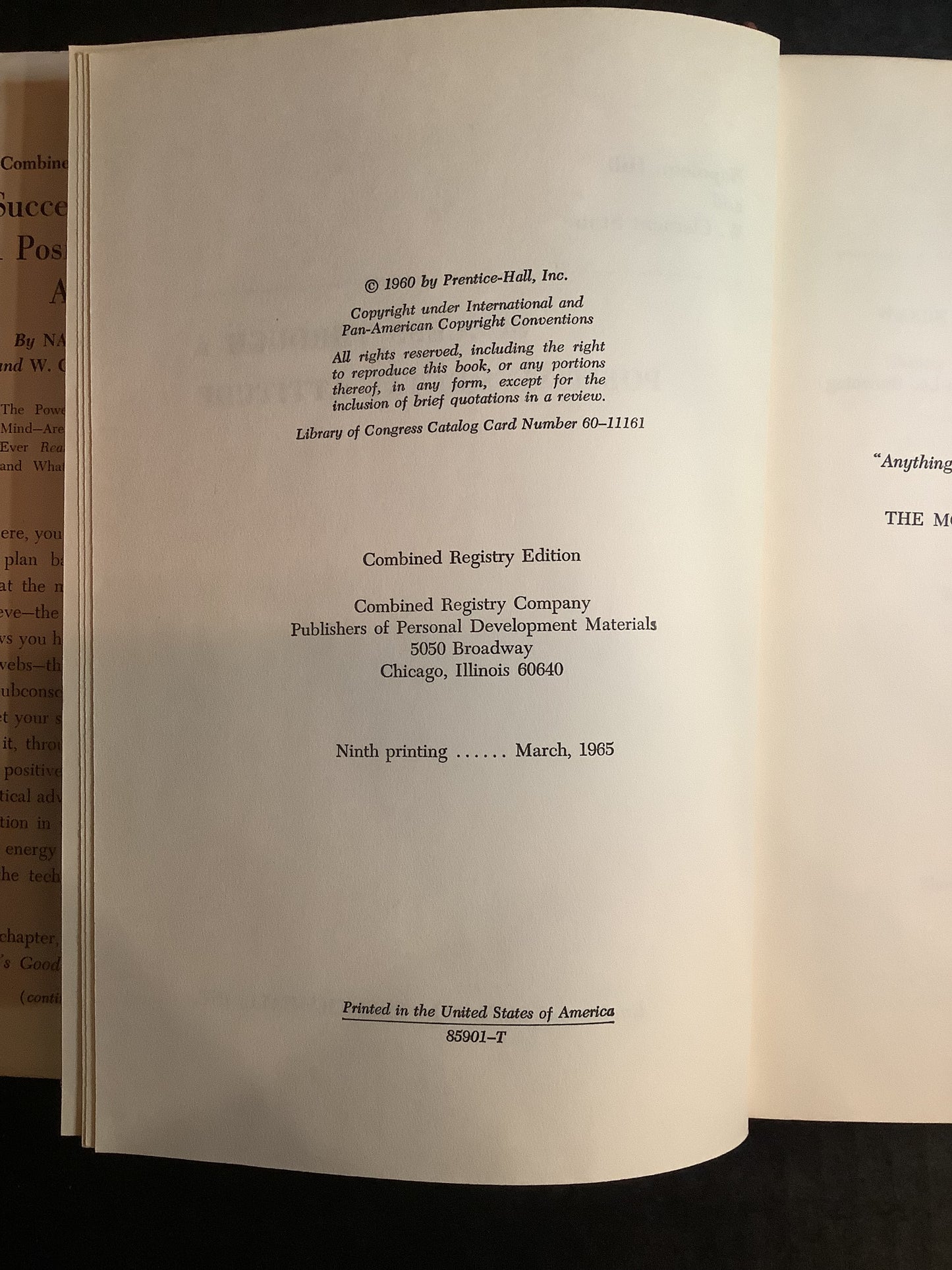 Success Through A Positive Mental Attitude - Napoleon Hill & W. Clement Stone - 9th Print - 1965