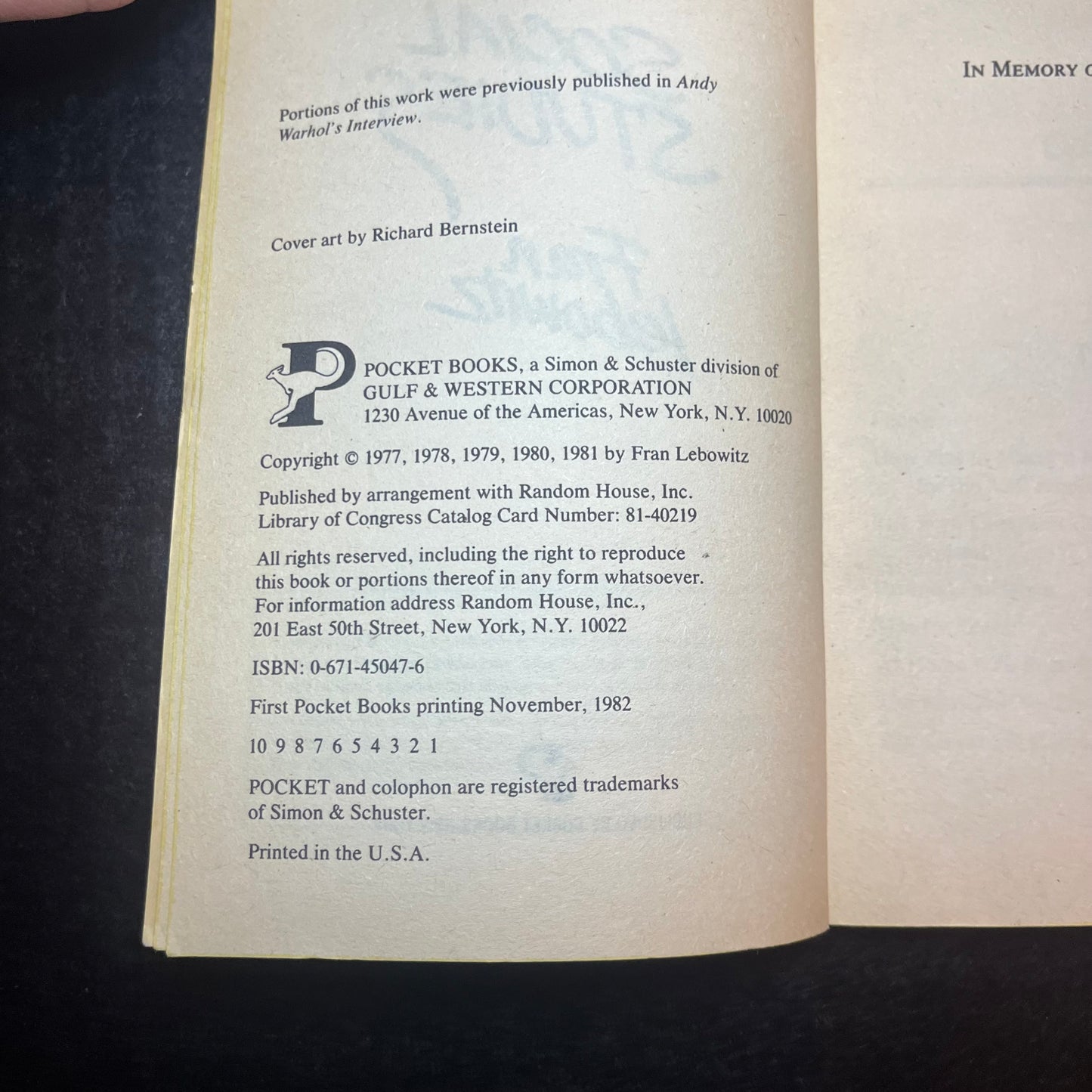 Social Studies - Fran Lebowitz - 1st Thus Edition - 1981