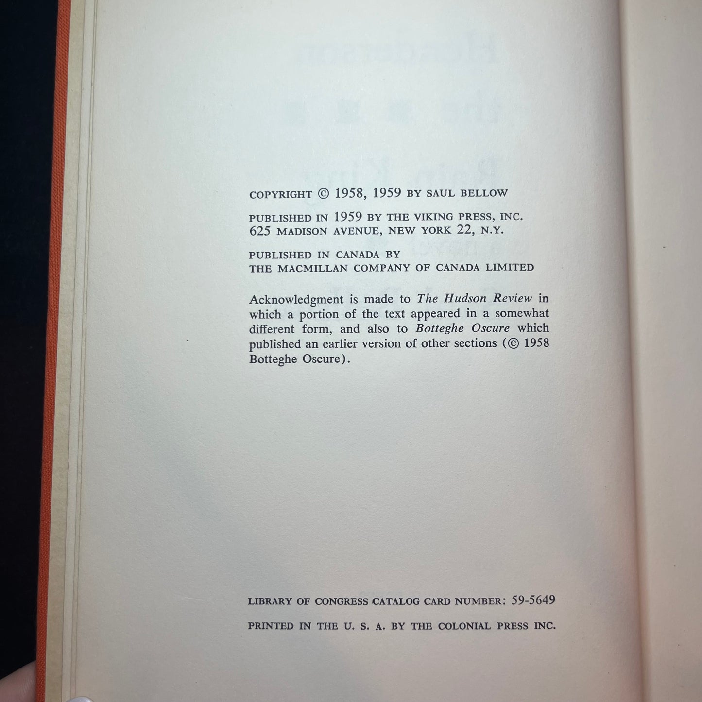 Henderson the Rain King - Saul Bellow - 1st Edition - 1959