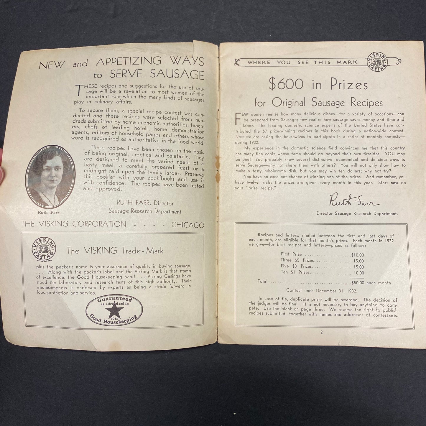 67 Prize Winning Ways to Serve Sausage - Ruth Farr - Visking Casing - 1932
