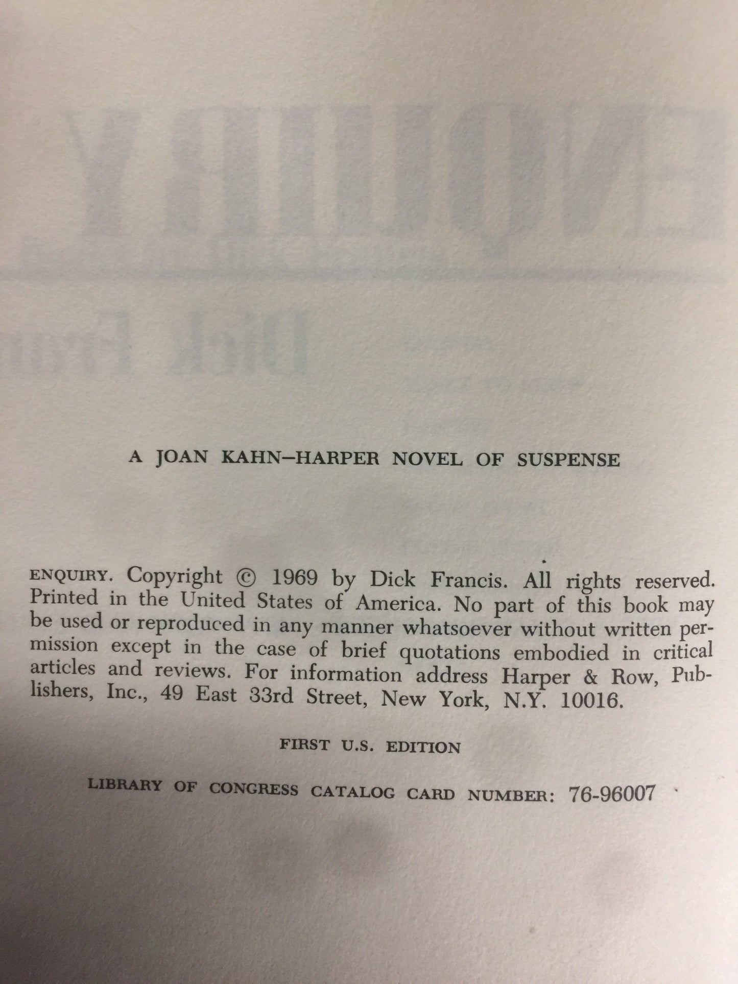 Enquiry - Dick Francis - 1st American Edition - 1969