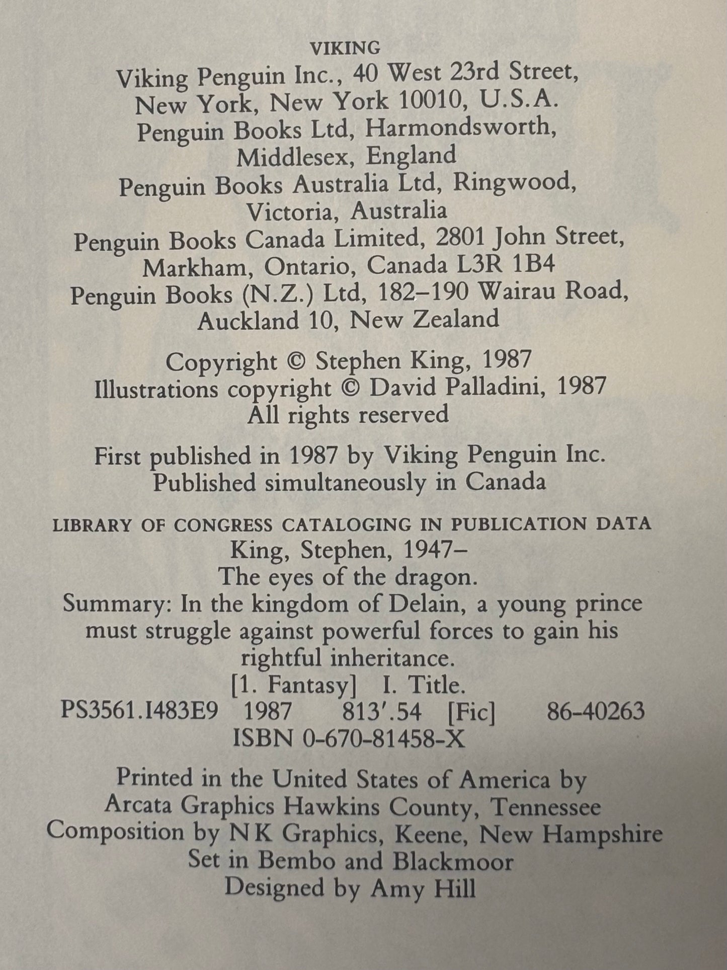 The Eyes of the Dragon - Stephen King - 1st Edition - 1987