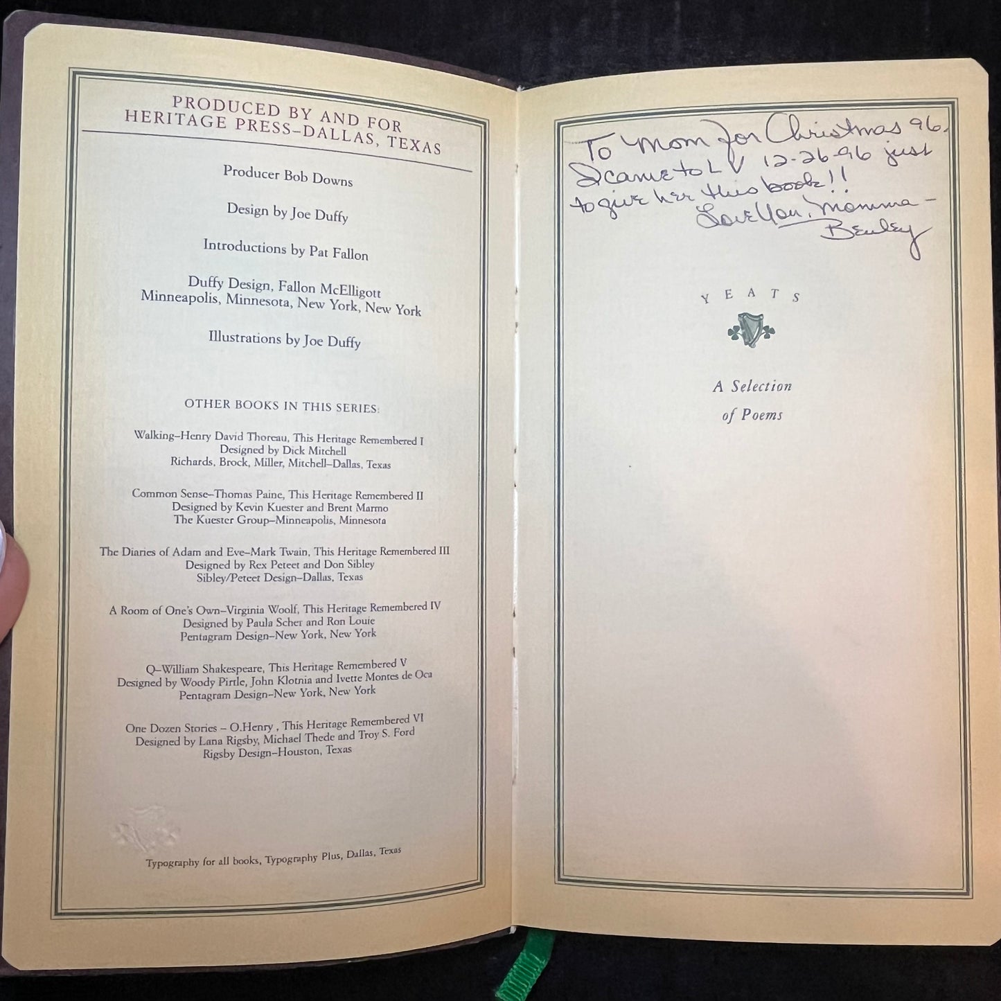 Yeats A Selection of Poems - W.B. Yeats - Heritage Press Limited Edition #653 - 1995