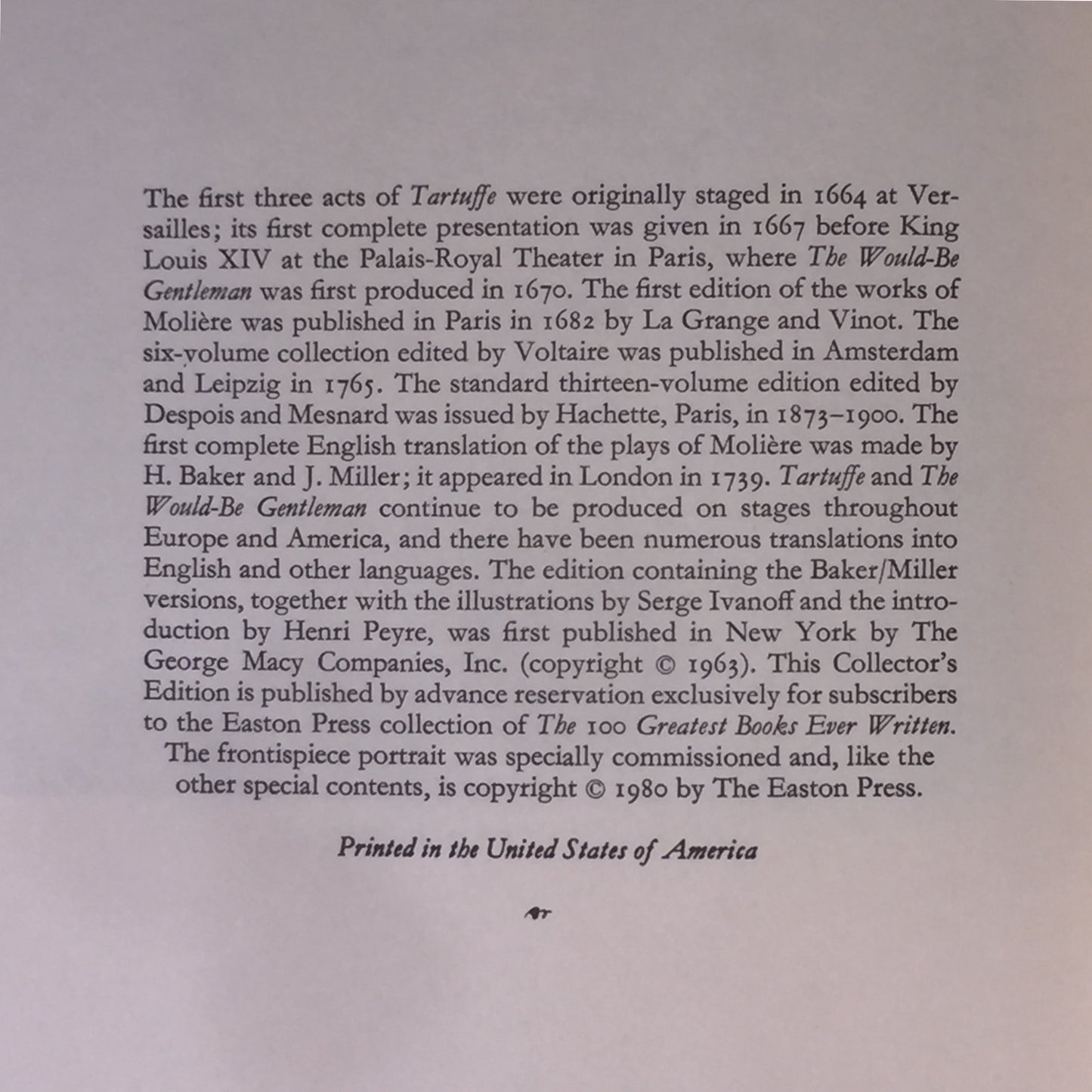 Tartuffe and the Would-Be Gentleman - Moliere - Easton Press - 1980