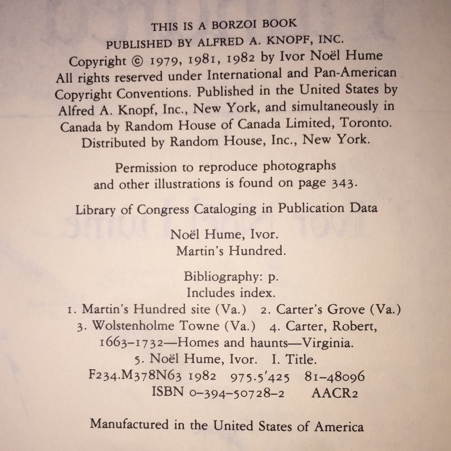 Martin's Hundred - Ivor Noel Hume - Signed - 1982