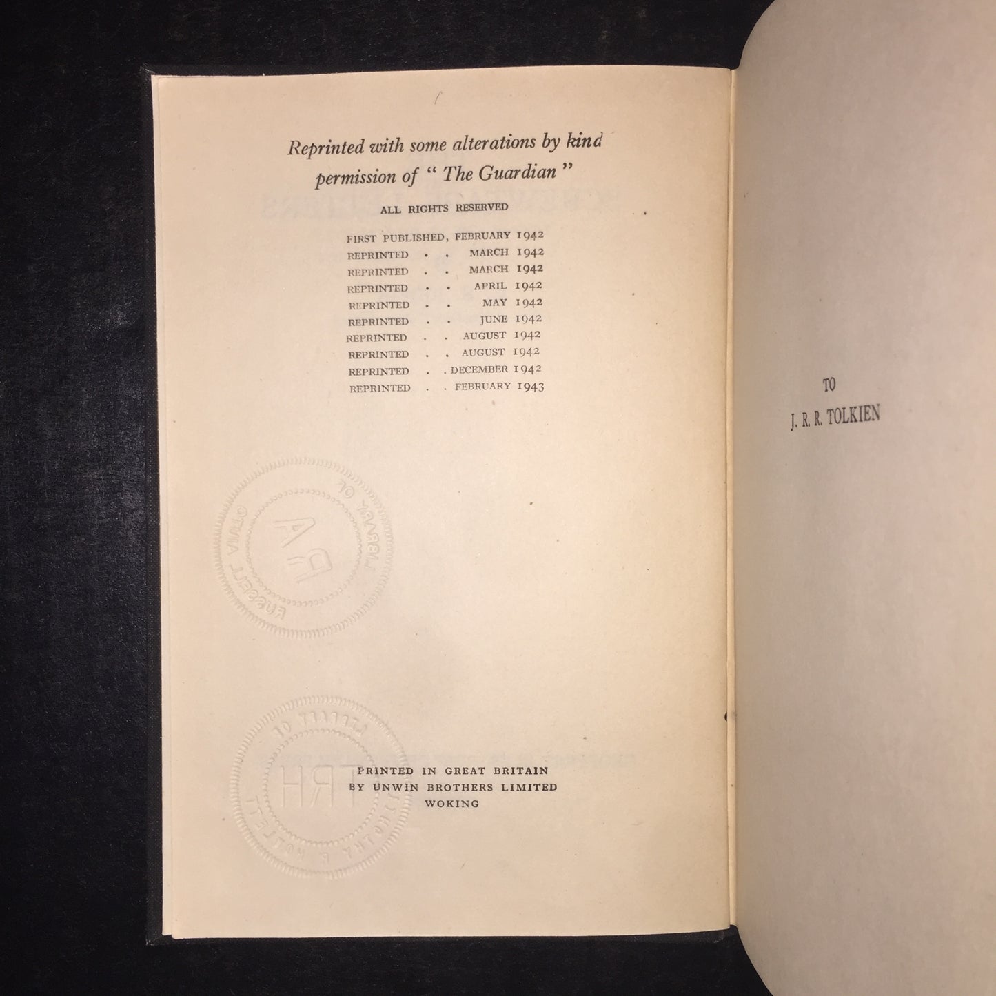 The Screwtape Letters - C.S. Lewis - 1st UK Edition - 10th Print - 1943