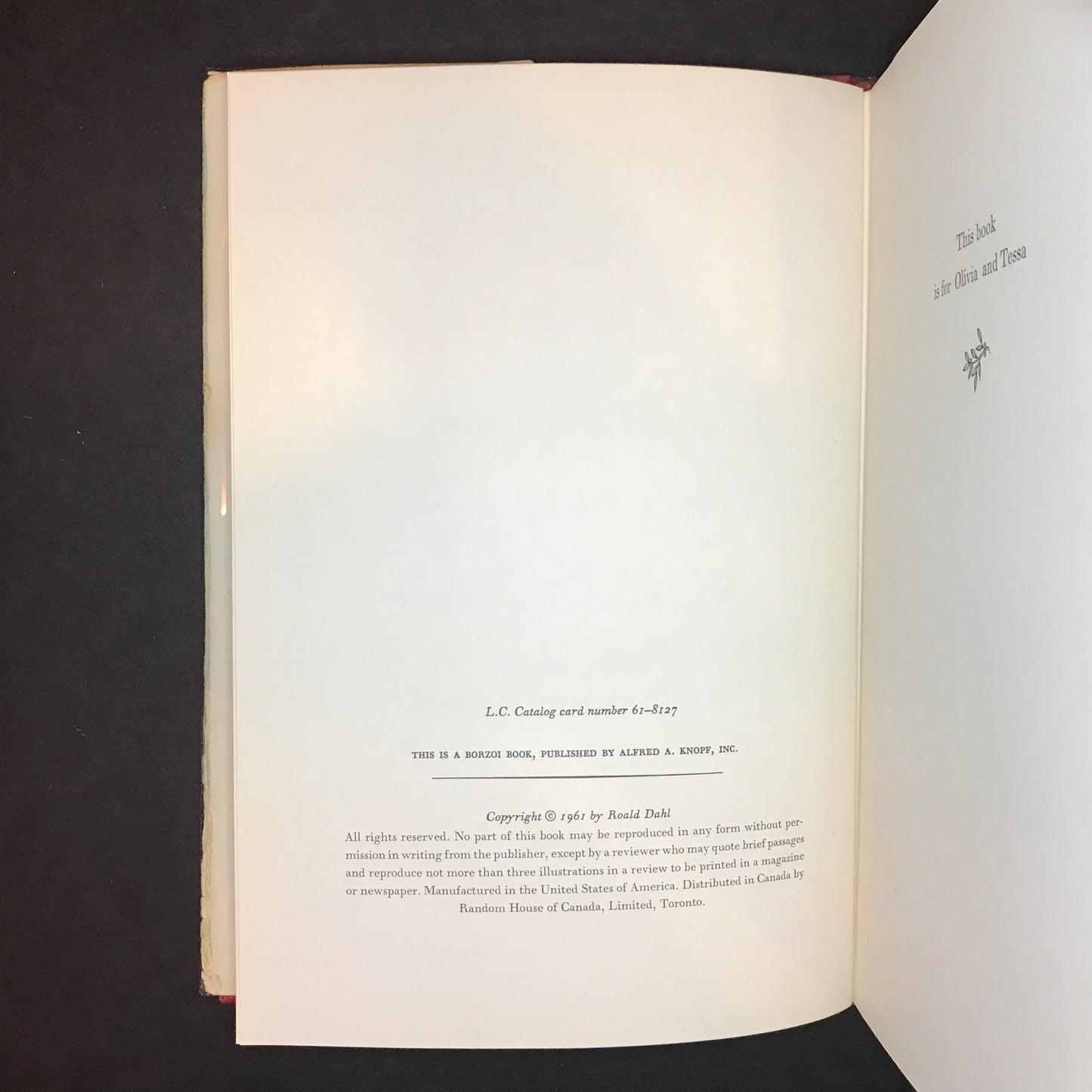 James and the Giant Peach - Roald Dahl - 1st Edition - 2nd Issue with a 1st Issue Dust Jacket - 4 Line Colophon containing "book press" - 1961