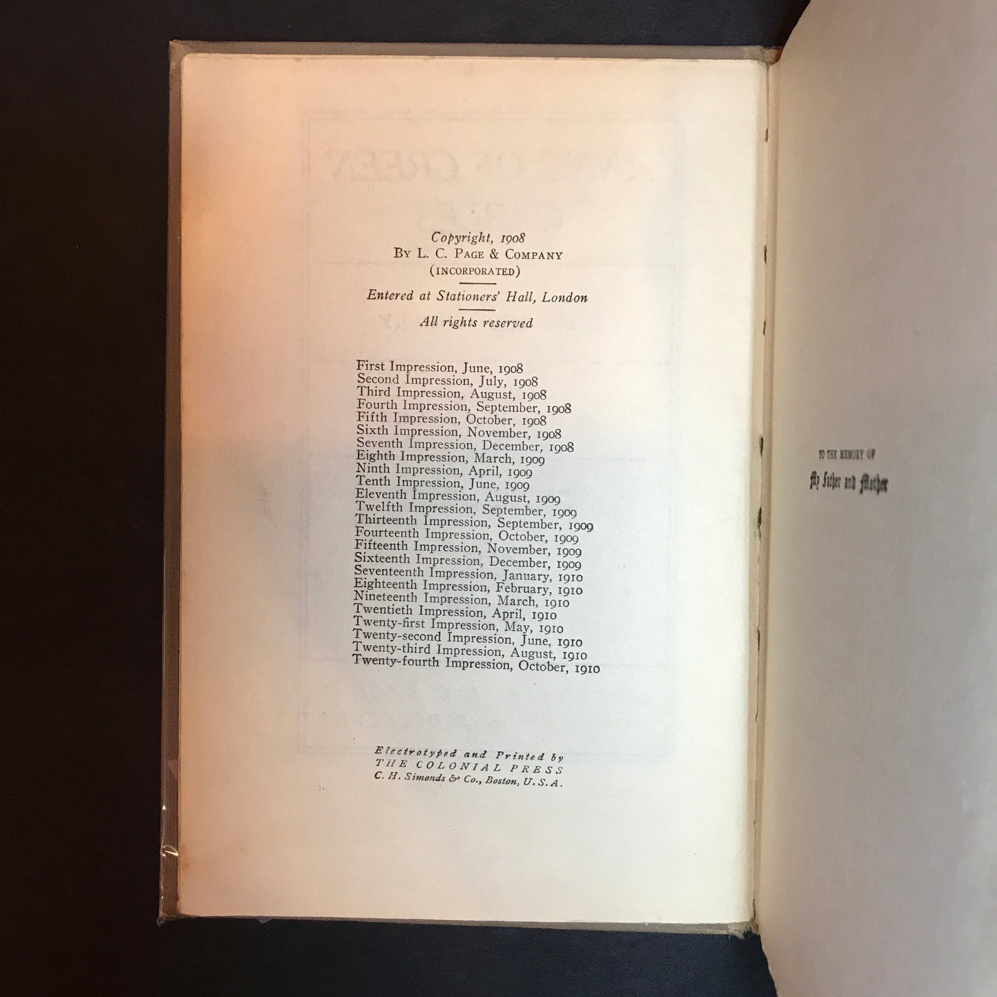 Anne of Green Gables - L. M. Montgomery - 24th Print - 1910