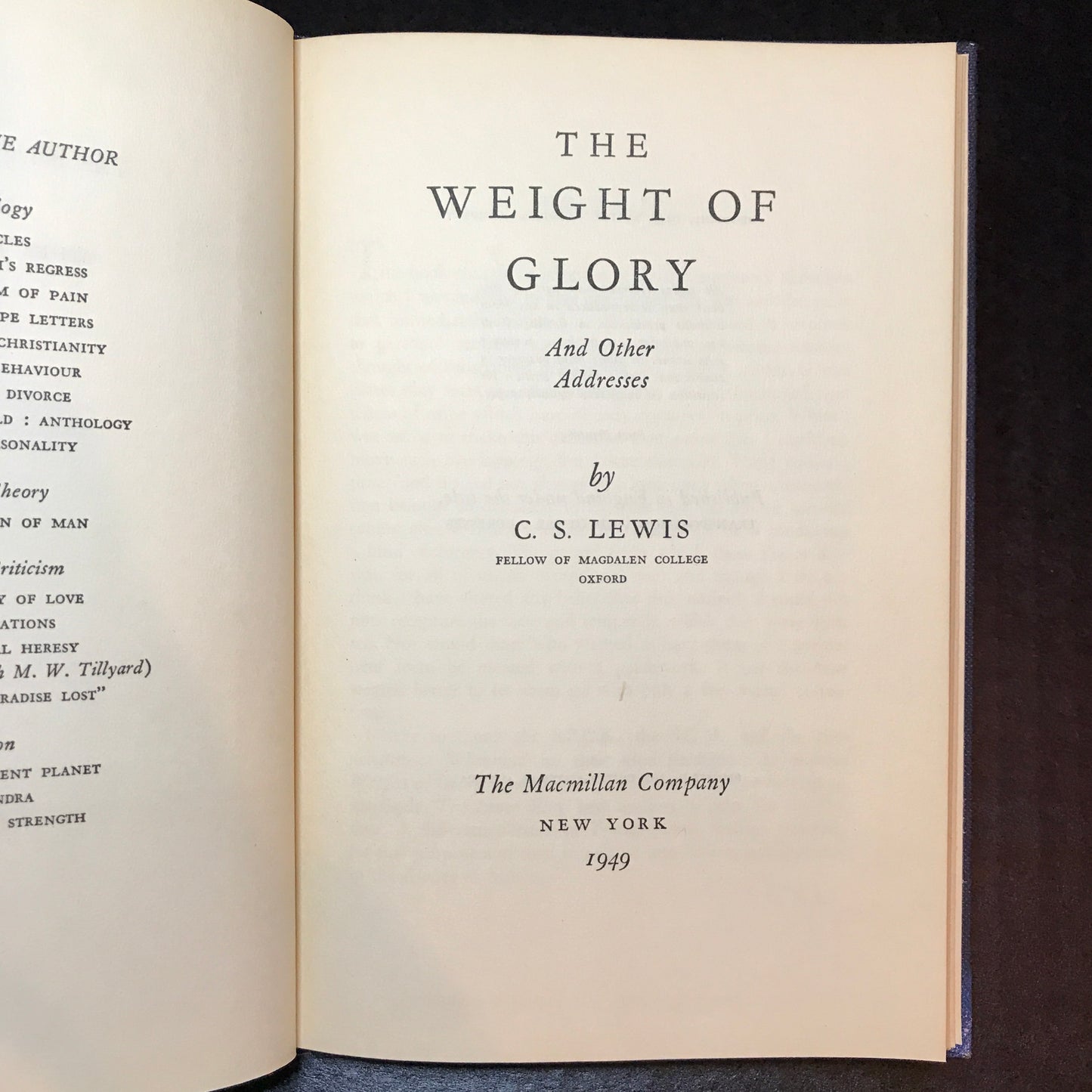 The Weight of Glory and Other Addresses - C. S. Lewis - 1st American Edition - 1949
