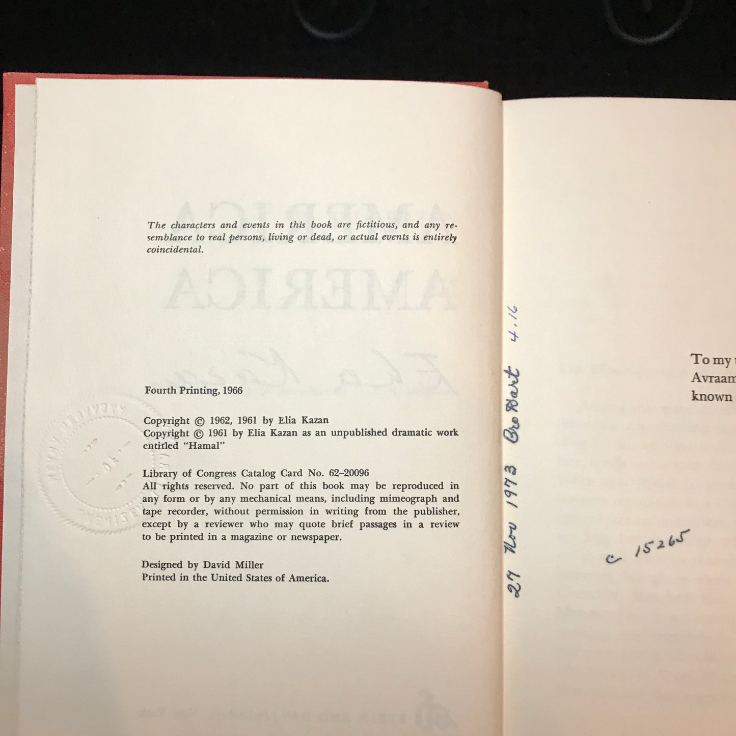 America America - Ella Kazan - Signed - Fourth Printing - 1966