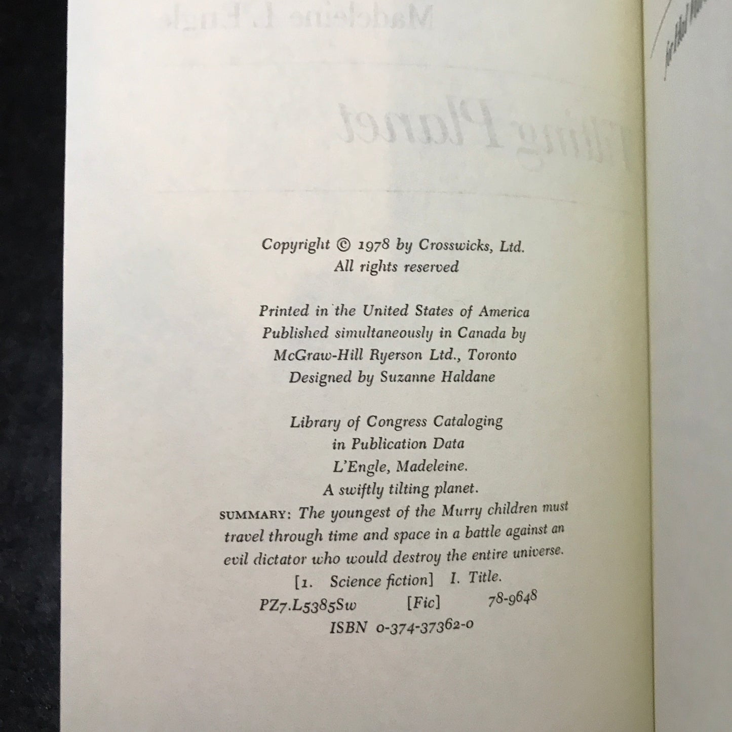 A Swiftly Tilting Planet - Madeleine L'Engle - Signed - 1978