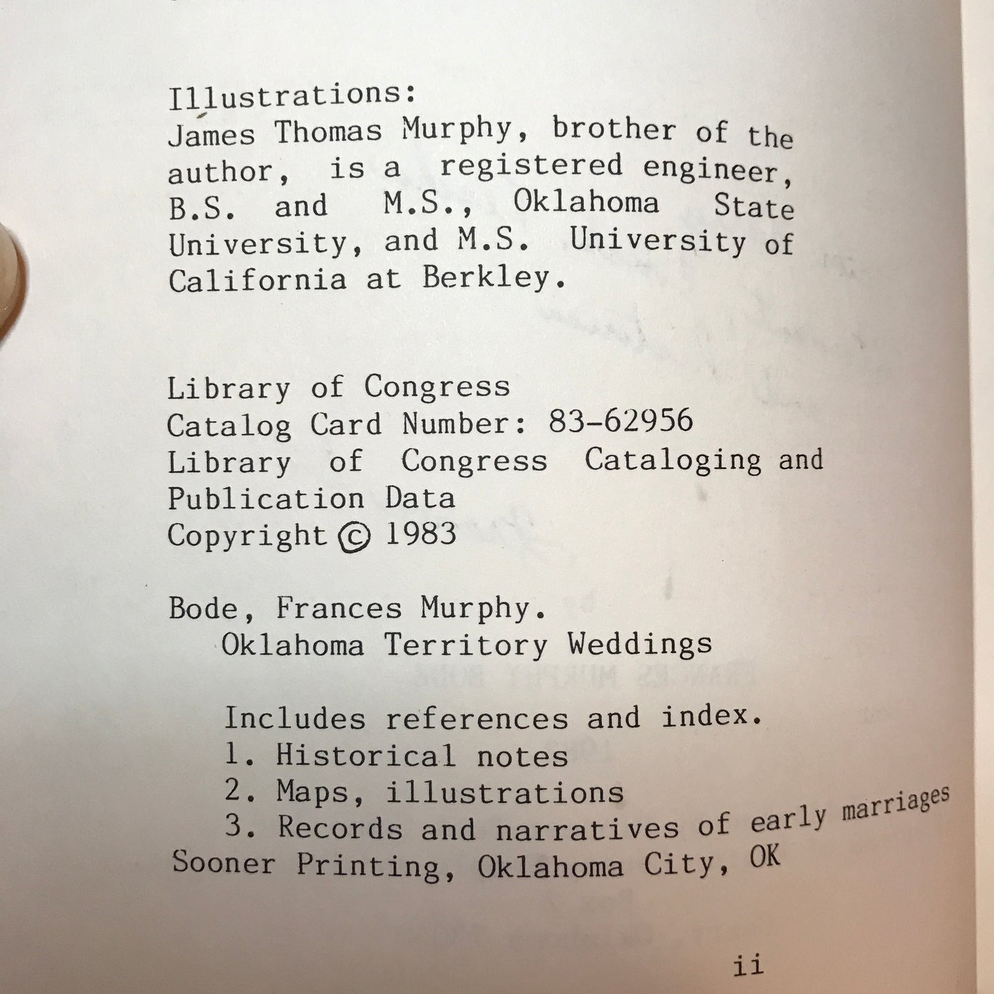 Oklahoma Territory Weddings - Frances Murphy Bode - Signed - 1983