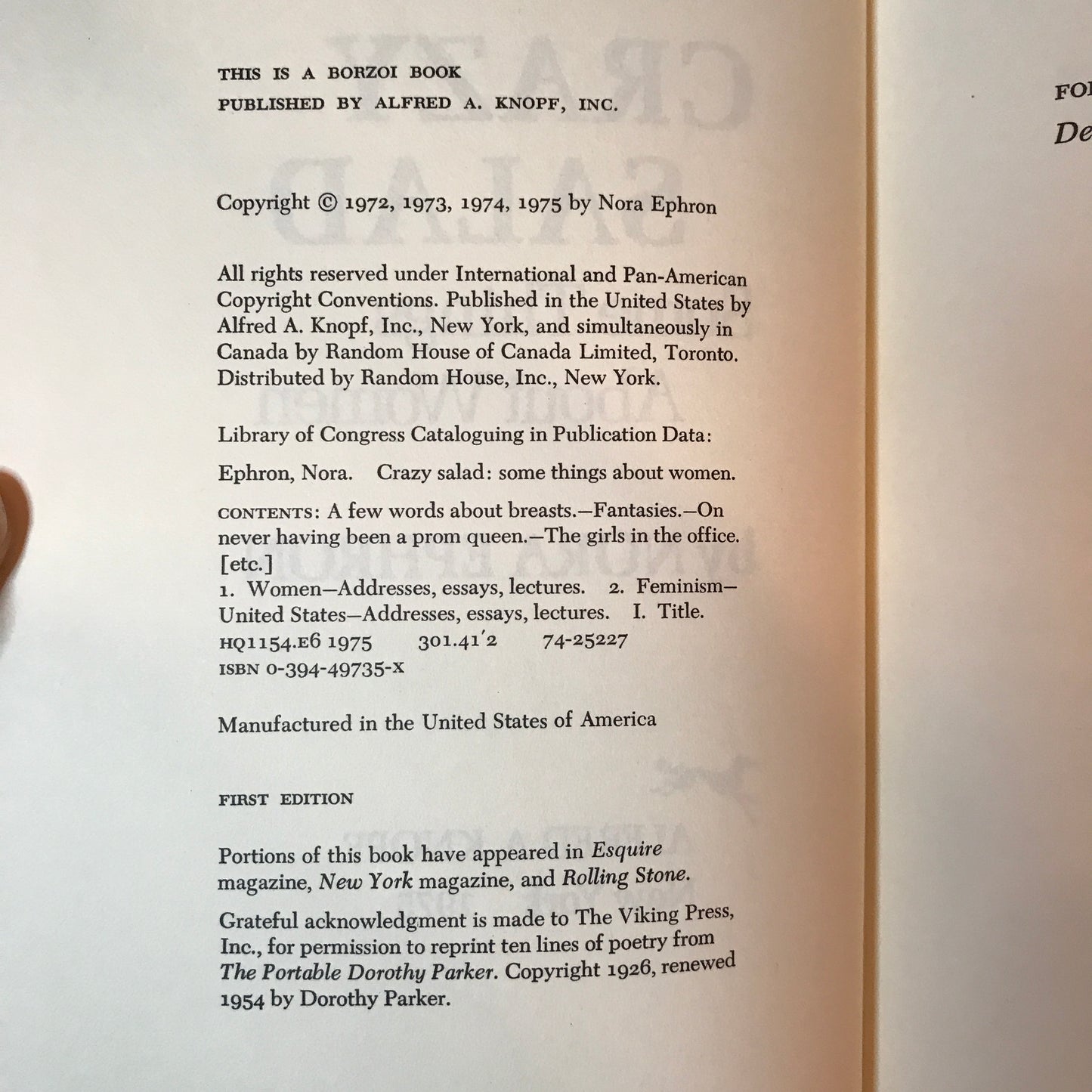 Crazy Salad: Some Things About Women - Nora Ephron - 1st Edition - 1975