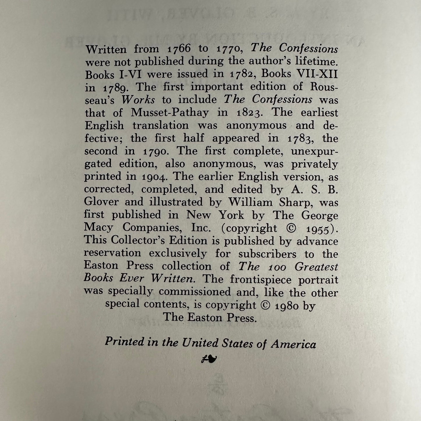 The Confessions of Jean-Jacques Rousseau - A. S. B. Glover - Easton Press - Edge Wear - Gilt Loss - 1980
