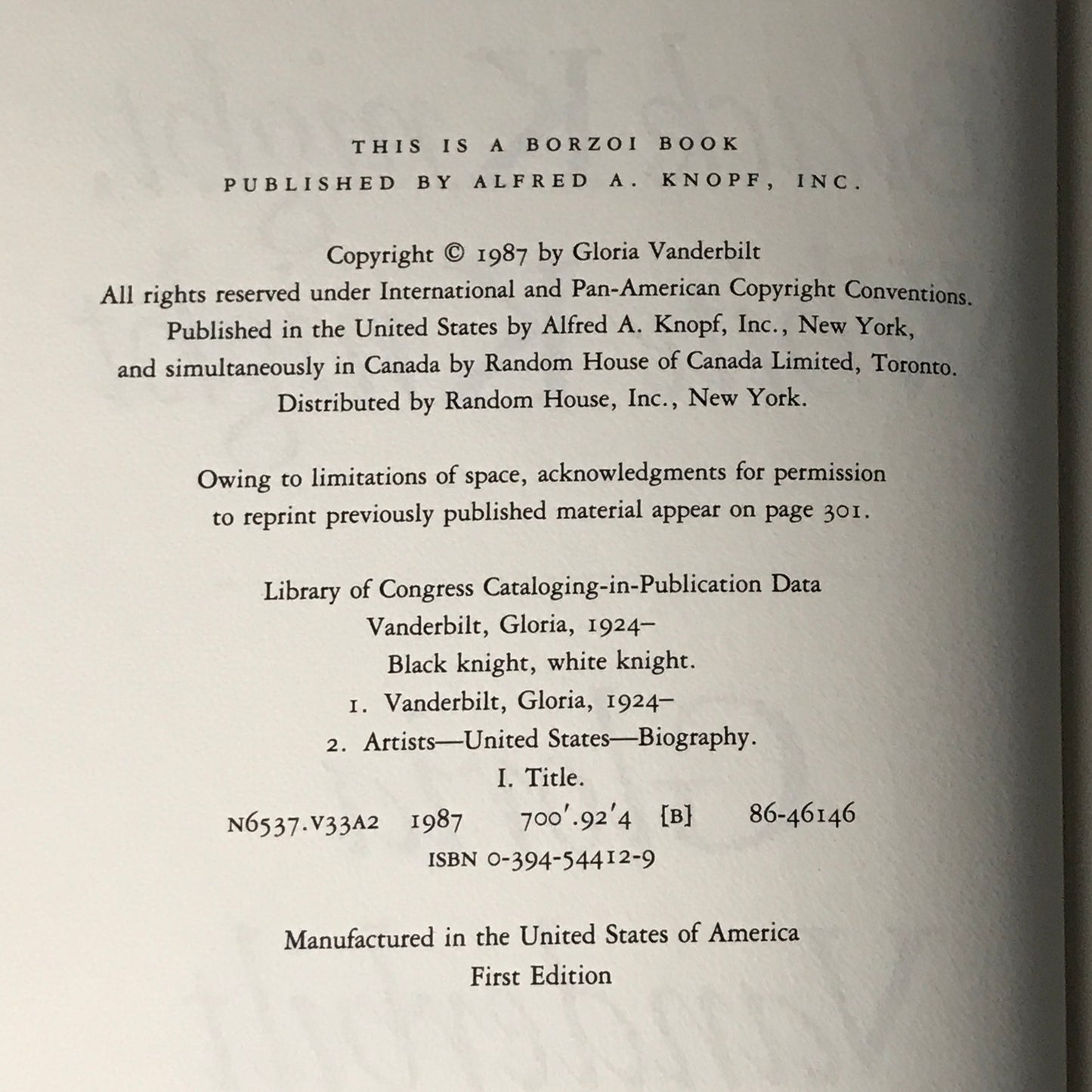 Black Knight White Knight - Gloria Vanderbilt - Signed 1st Edition - 1987