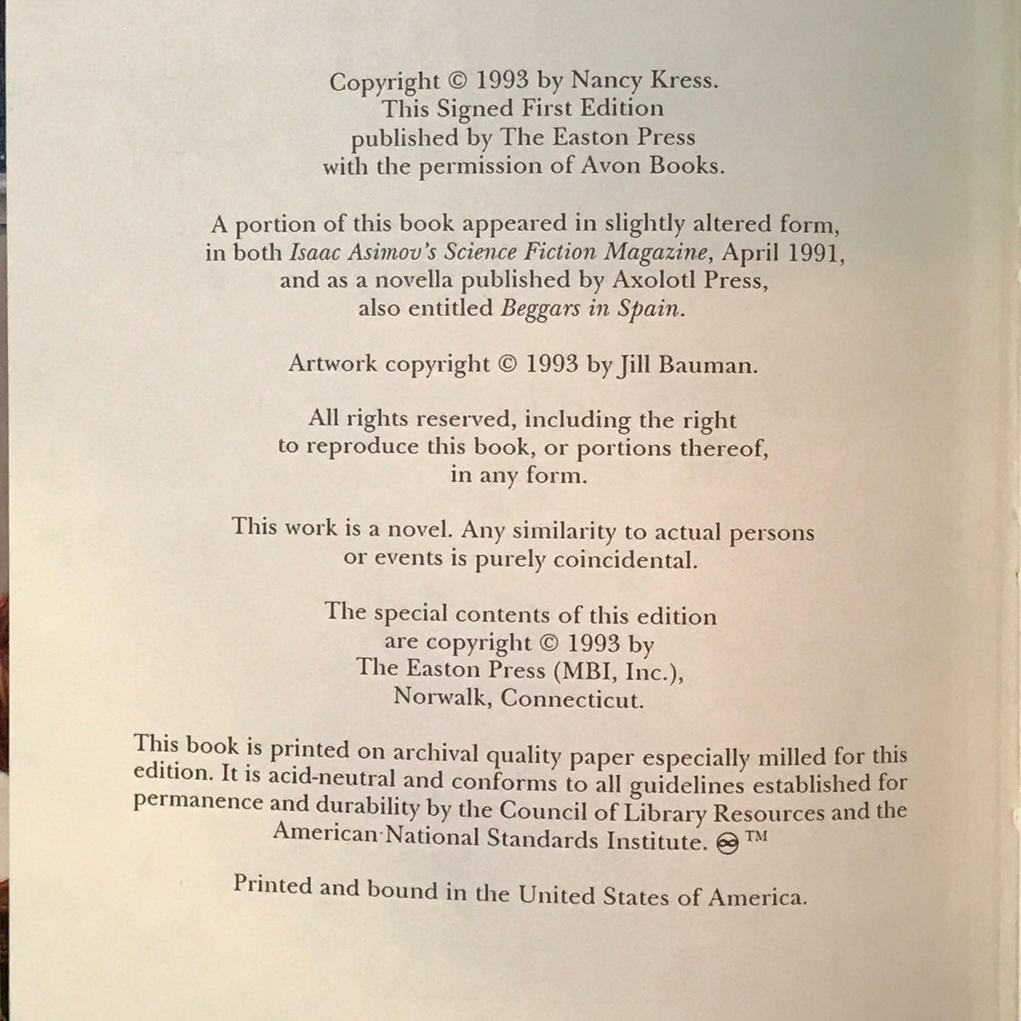 Beggars in Spain - Nancy Kress - Signed - 1st Edition - Easton Press - 1993