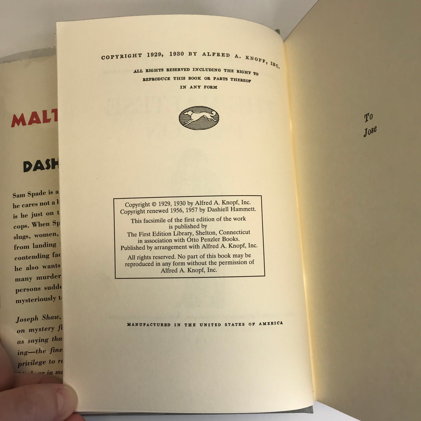 The Maltese Falcon - Dashiell Hammett - Re-Issue 1st Edition Facsimile - 1957