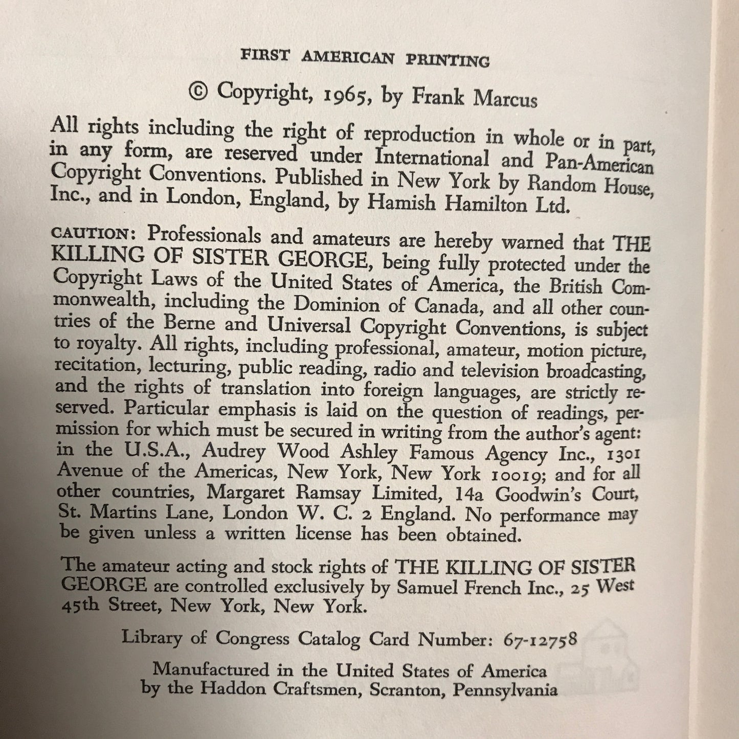 The Killing of Sister George - Frank Marcus - 1st Edition - 1965