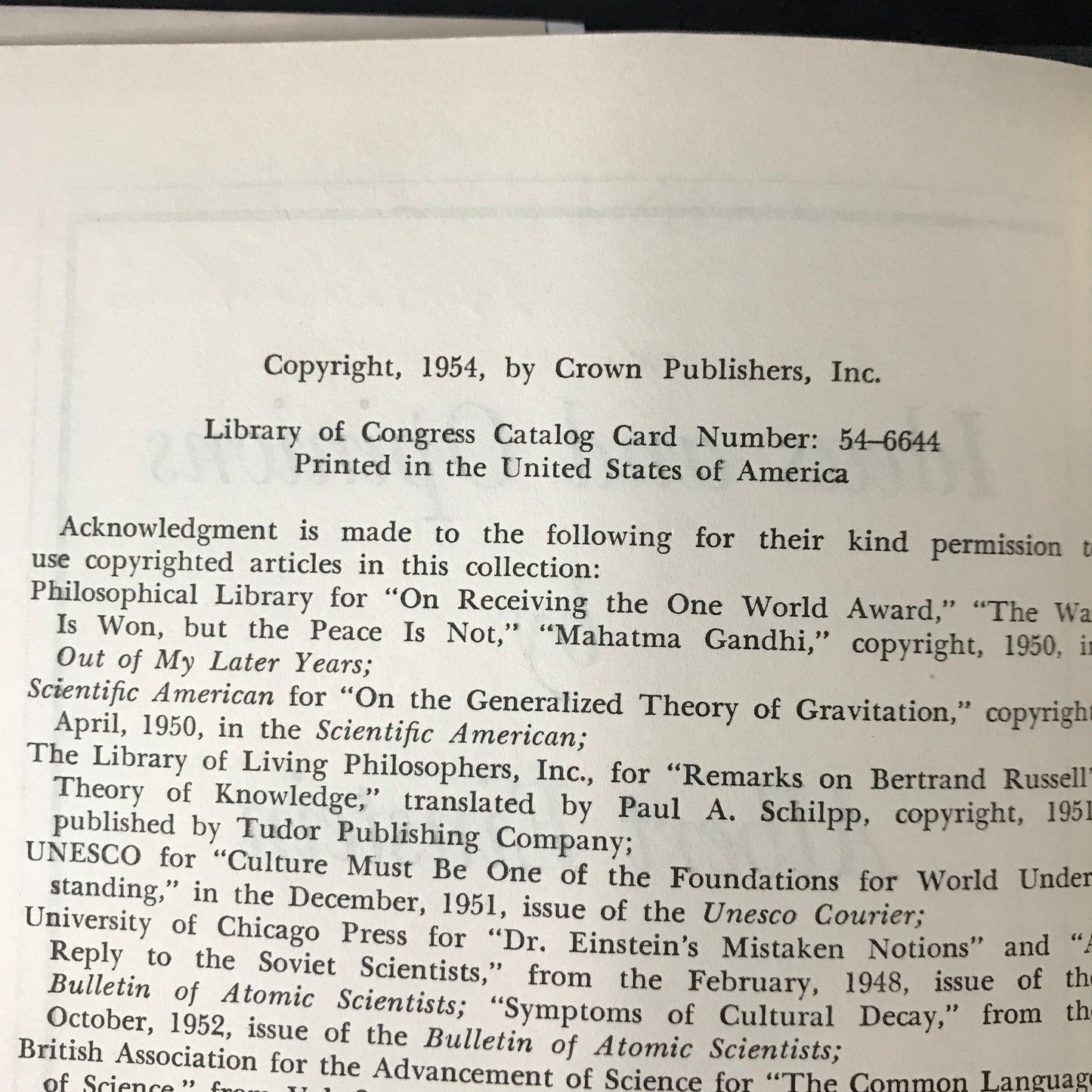 Ideas and Opinions - Albert Einstein - 1954 - First Edition