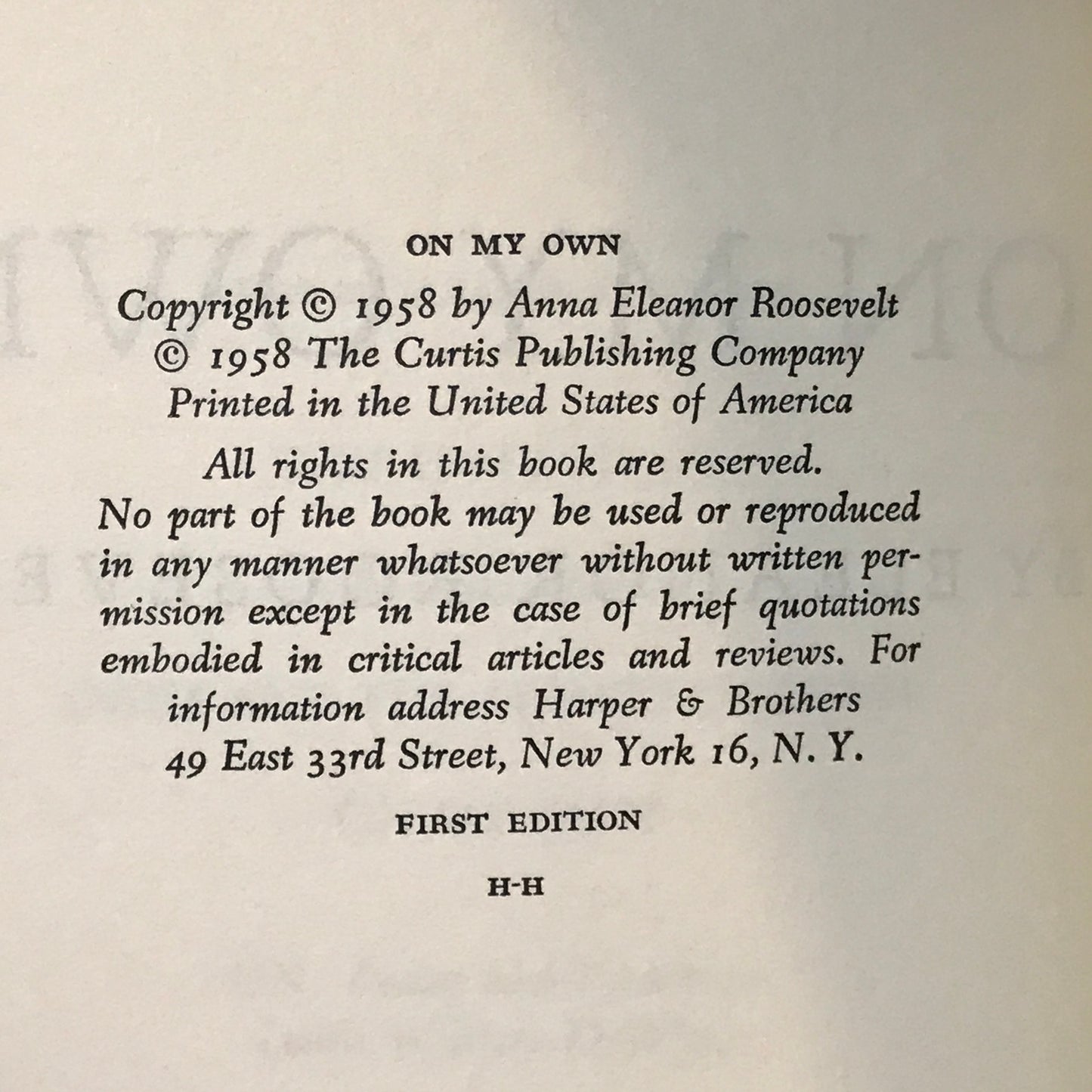 On My Own - Eleanor Roosevelt - 1st Edition - 1958