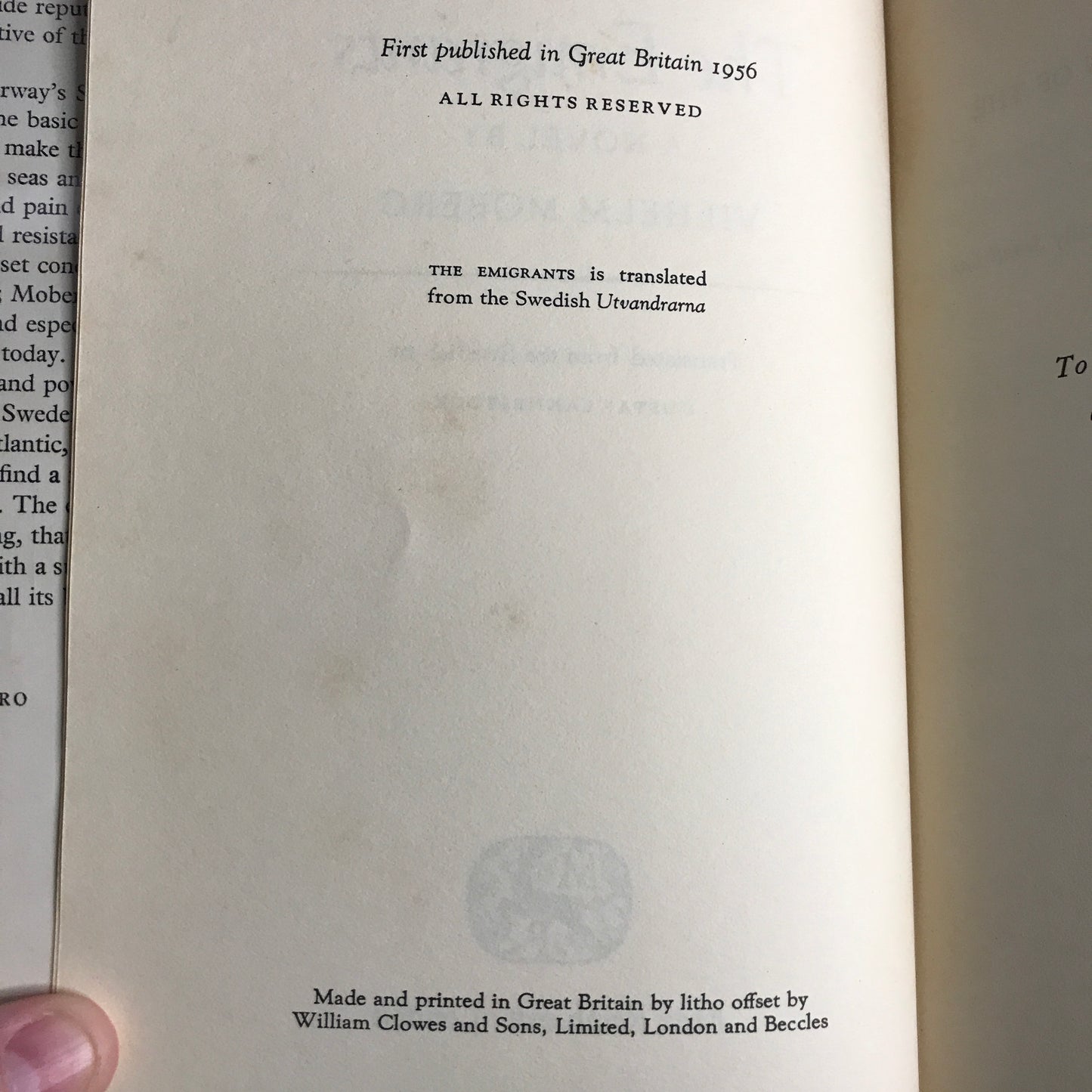 The Emigrants - Vilhelm Moberg - 2nd UK Printing - 1956