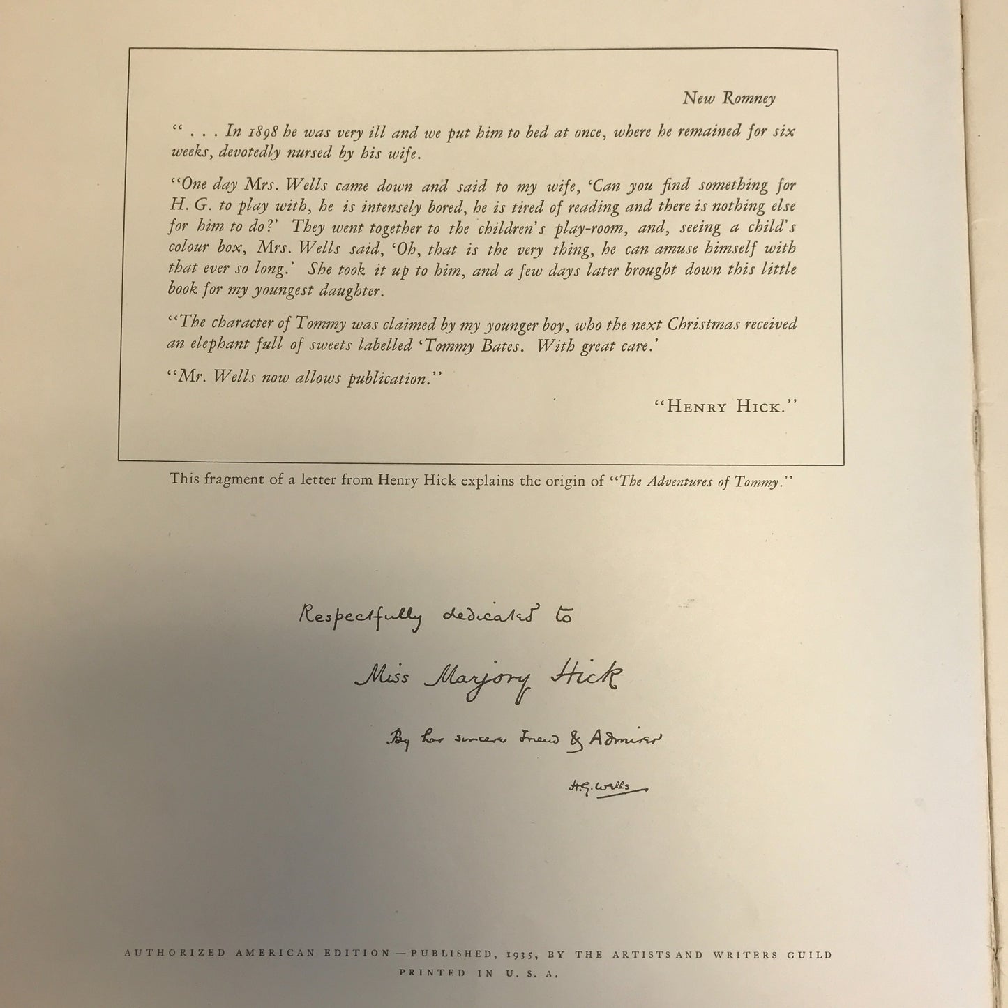 The Adventures of Tommy - H.G. Wells - The Artists and Writers Guild - 1935