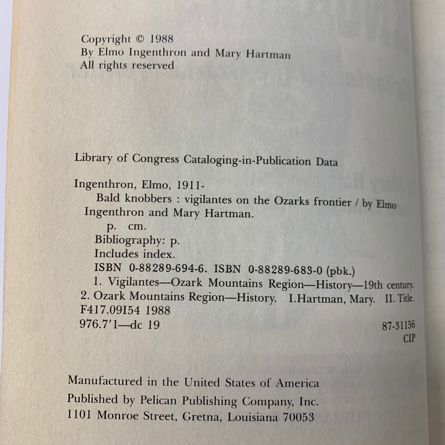 Bald Knobbers - Mary Hartman and Elmo Ingenthron - 1st Edition - 1988