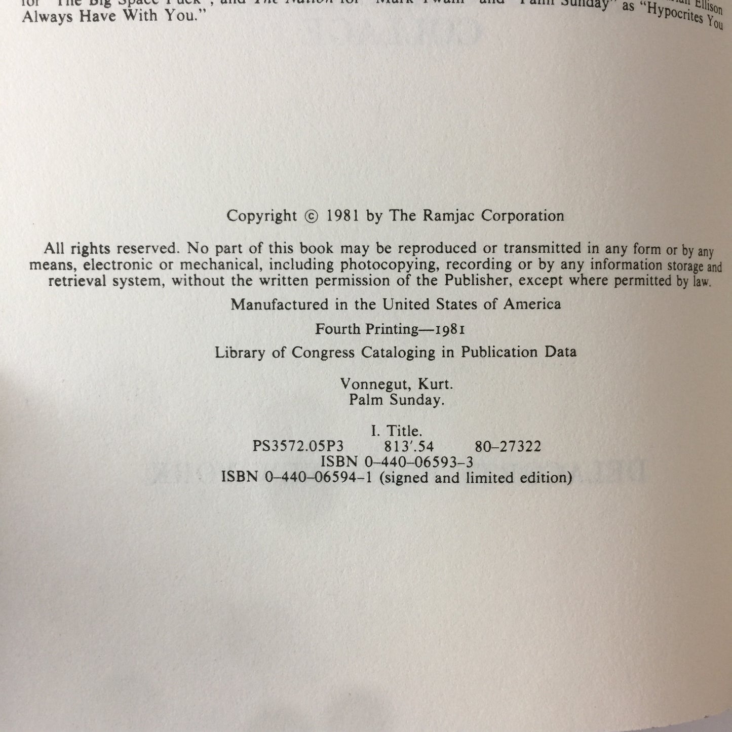 Palm Sunday - Kurt Vonnegut - 4th Print - 1981