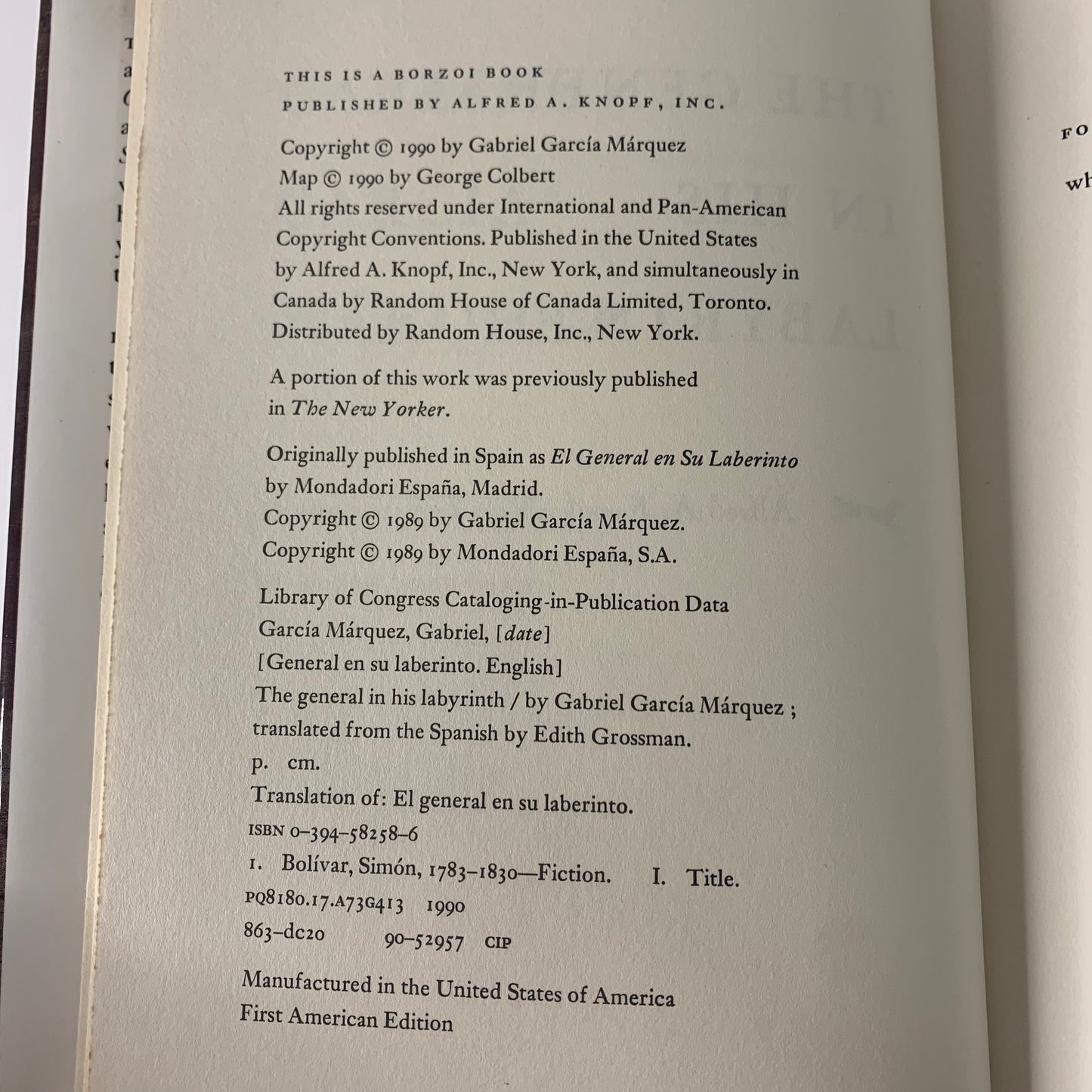 The General in His Labyrinth - Gabriel Garcia Marquez - 1st American Edition - 1990