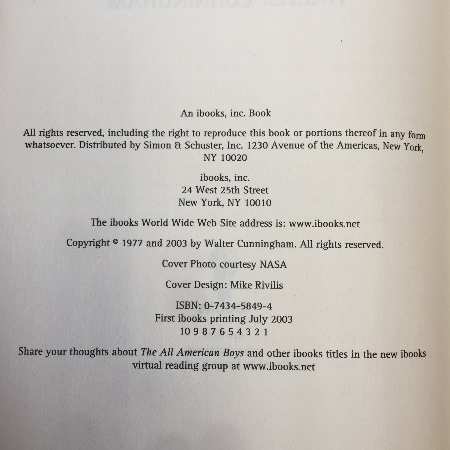 The All American Boys - Walter Cunningham - Inscribed - 1st Printing - 2003