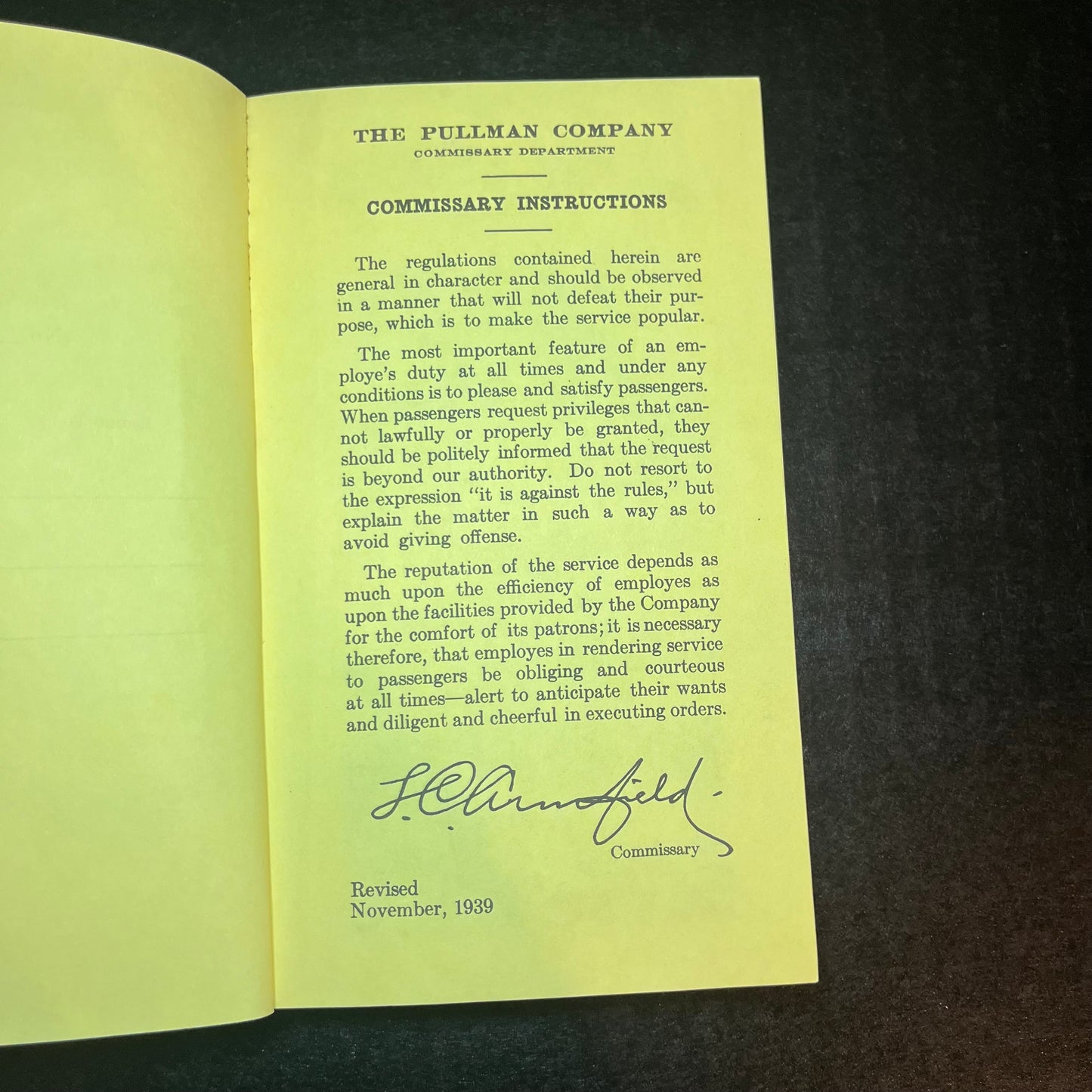 Commissary Instructions - The Pullman Company - 1939