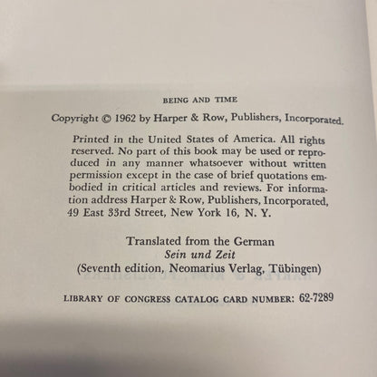Being and Time - Martin Heidegger - Early Print - 1962