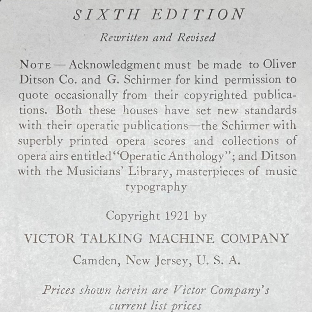 The Victrola Book of the Opera - Victor Talking Machine Company - Sixth Edition - 1921