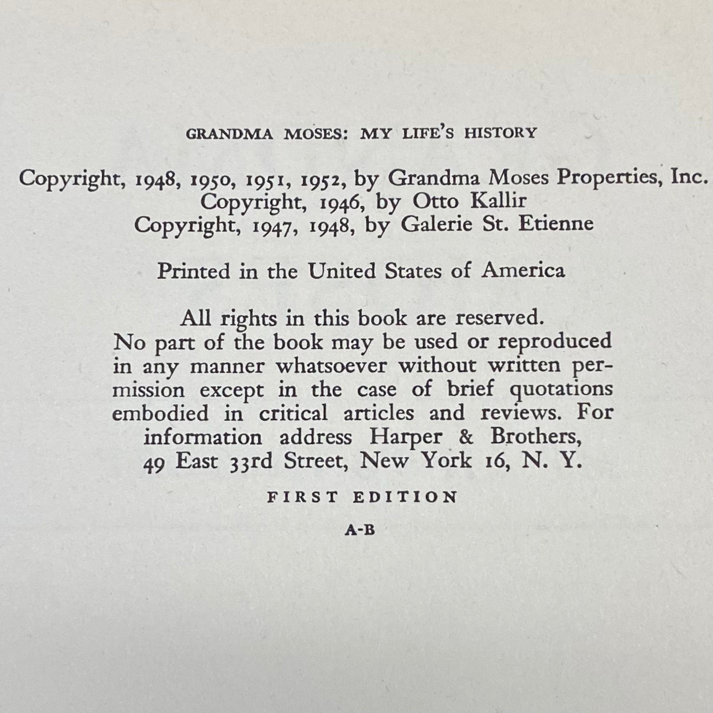 My Life's History - Grandma Moses - Signed by Author - First Edition - 1952