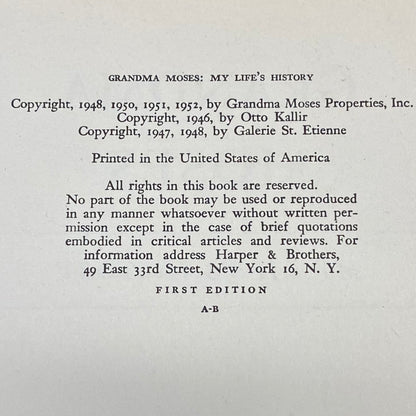 My Life's History - Grandma Moses - Signed by Author - First Edition - 1952