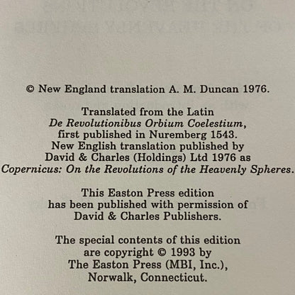 De Revolutionibus Orbium Coelestium - A.M. Duncan - Easton Press - Collector's Edition - 1993