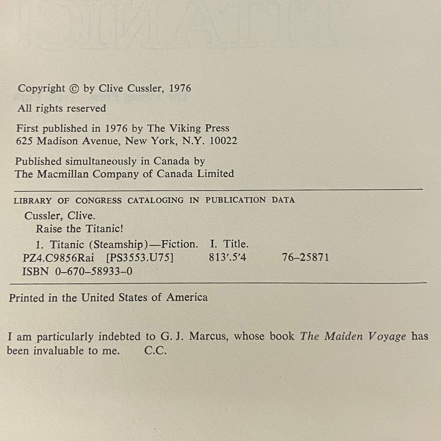 Raise the Titanic! - Clive Cussler - First Edition - 1976