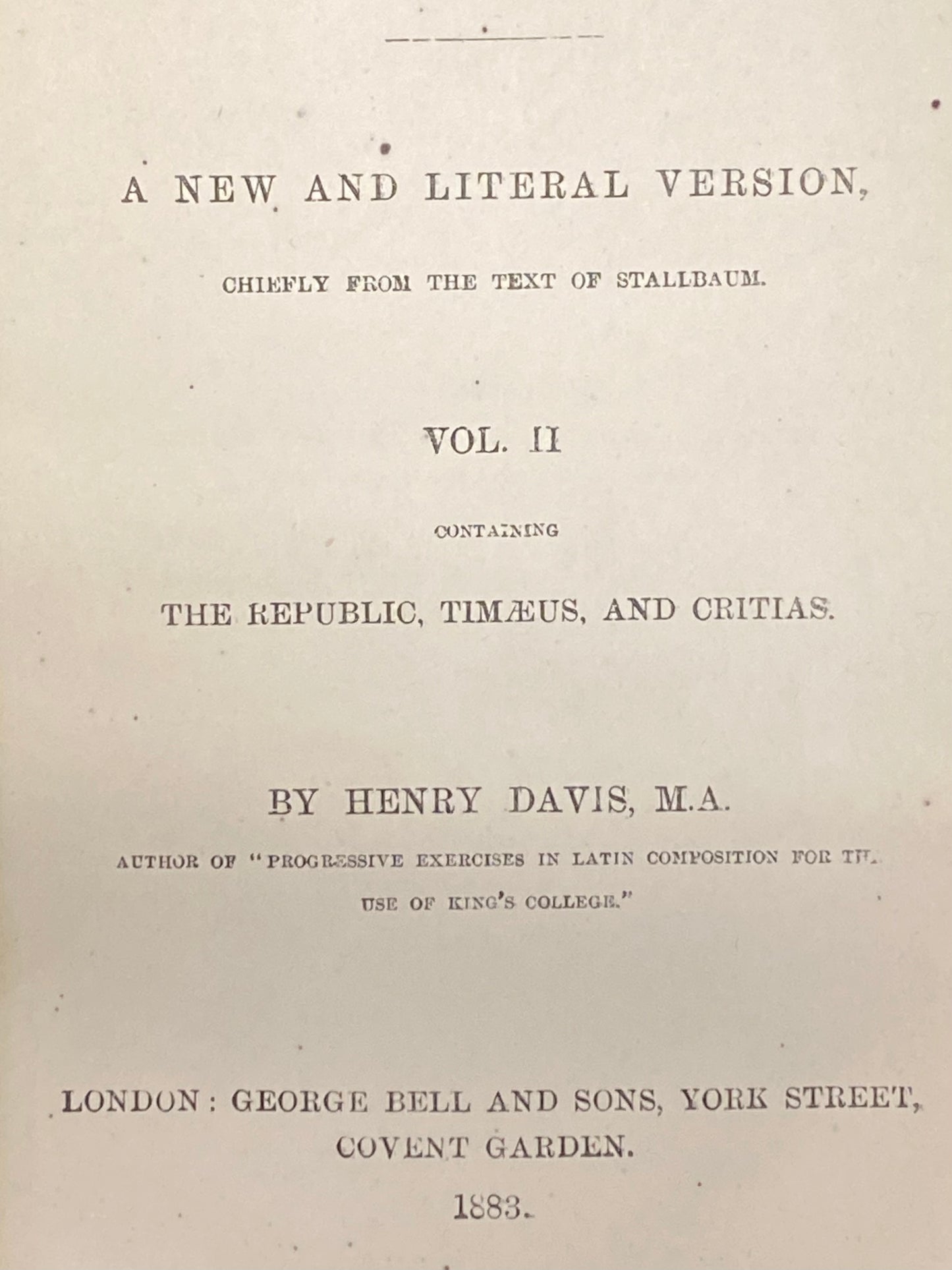 The Works of Plato - Henry Davis - Volume Two - 1883