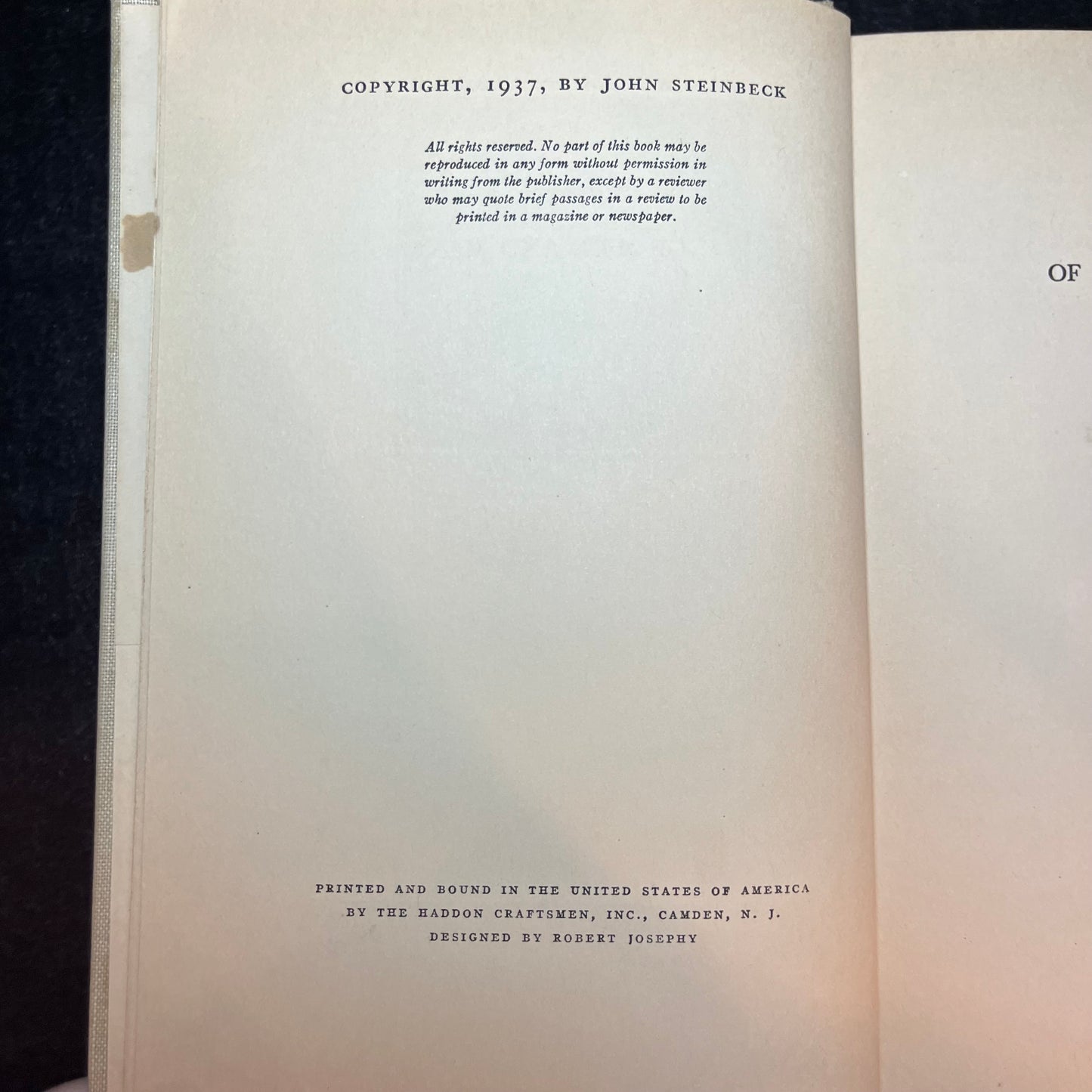Of Mice and Men - John Steinbeck - Book Club Edition - 1937