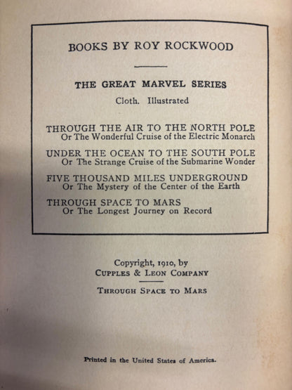 Through Space to Mars - Roy Rockwood - 1st Edition - 1910