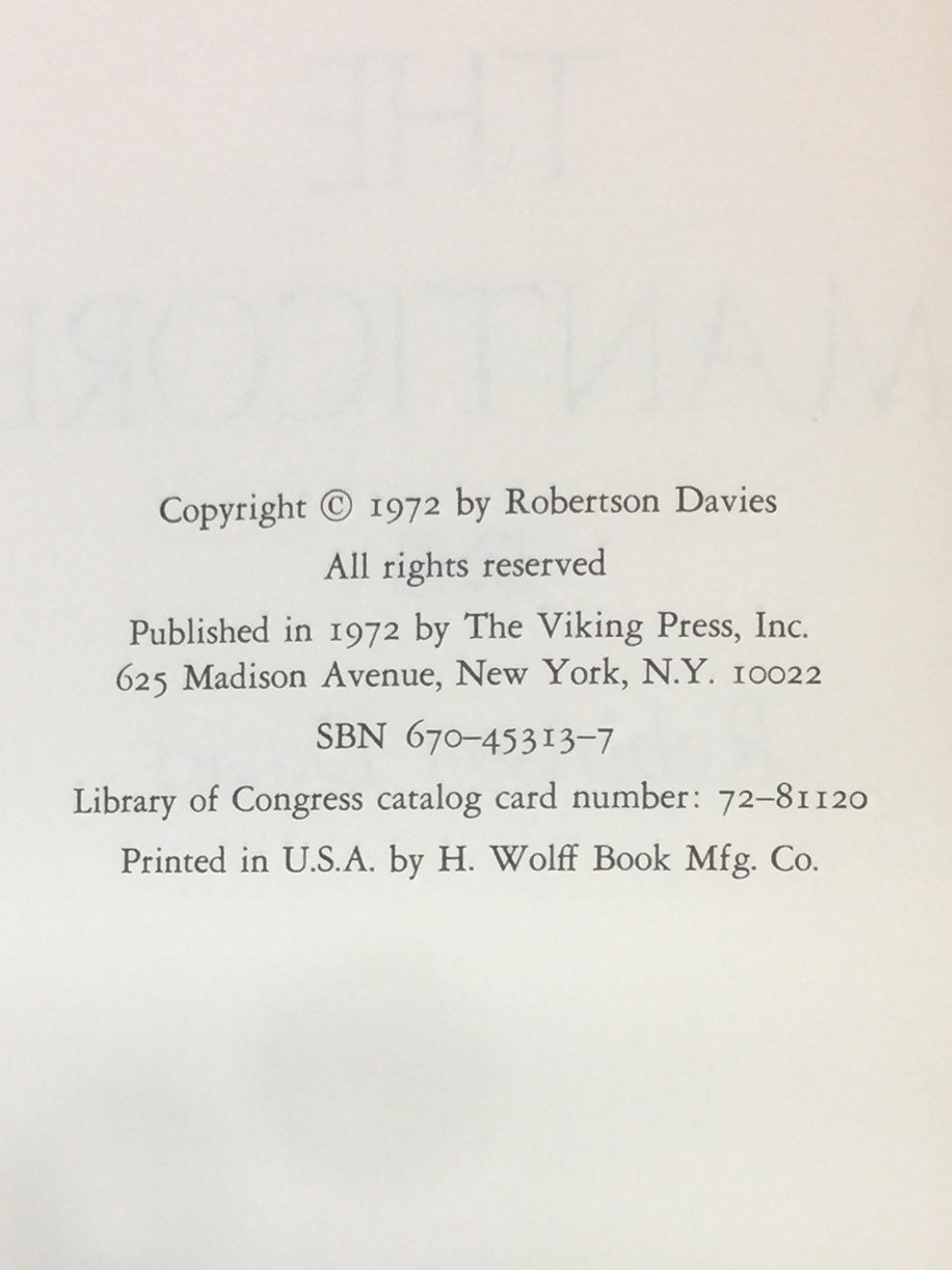 The Manticore - Robertson Davies - 1st Edition - 1972