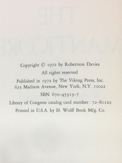 The Manticore - Robertson Davies - 1st Edition - 1972