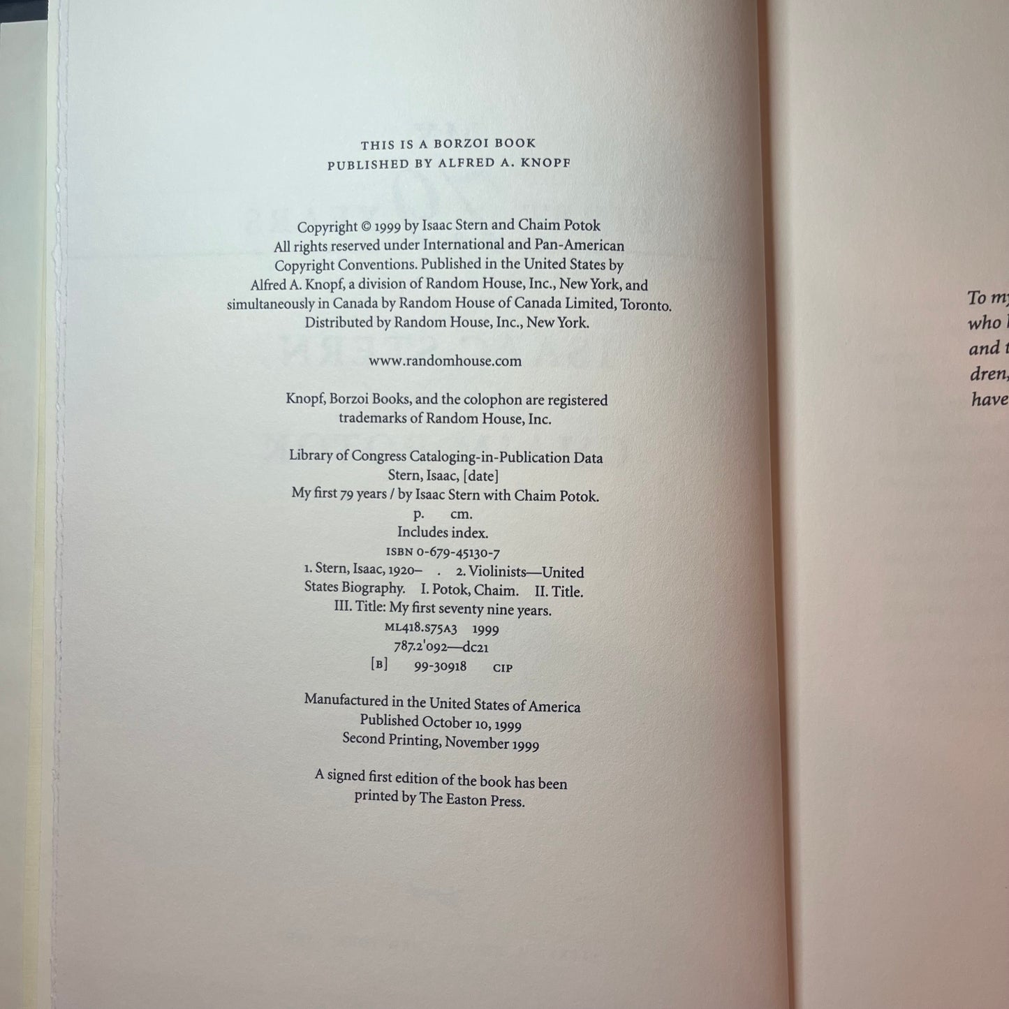 My First 79 Years - Isaac Stern with Chaim Potok - Signed Copy - 1999