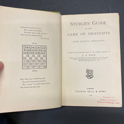 Sturges' Guide to the Game of Draughts - J. A. Kear - Ex-Library - 1904