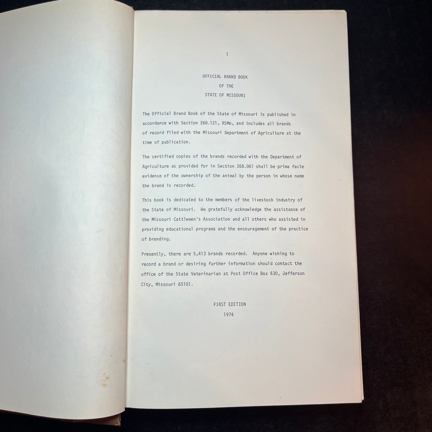 Missouri State Department of Agriculture Brand Book - State of Missouri - First Edition - 1974