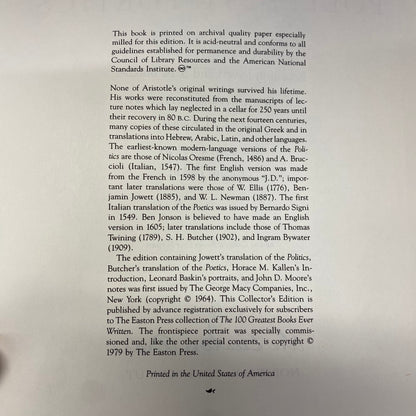 Politics and Poetics - Aristotle - Easton Press - 1979