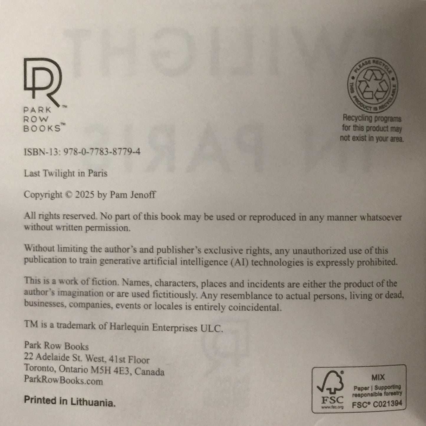 Last Twilight in Paris - Pam Jenoff - Signed - Barnes and Noble Special Edition - 2025