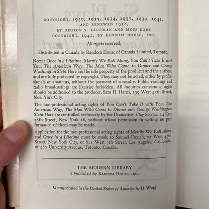 Six Plays by Kaufman and Hart - Moss Hart and George Kaufman - Modern Library - 1958