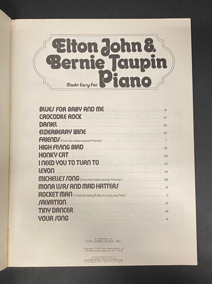 Elton John & Bernie Taupin Made Easy for Piano - Dick James Music - 1973